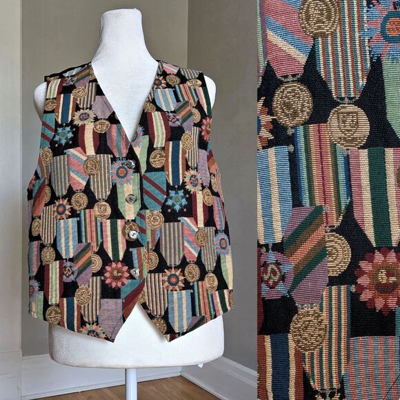 Vintage 90s Mirrors Tapestry Vest Award Ribbons Medals Funky Dark Academia Large - Picture 1 of 10